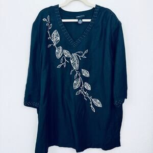 Maggie Barnes Womens V Neck Top Shirt Size 3X Embroider Beaded Linen Blend Black